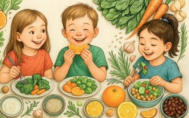 Grafika przedstawiająca dzieci jedzące obiad