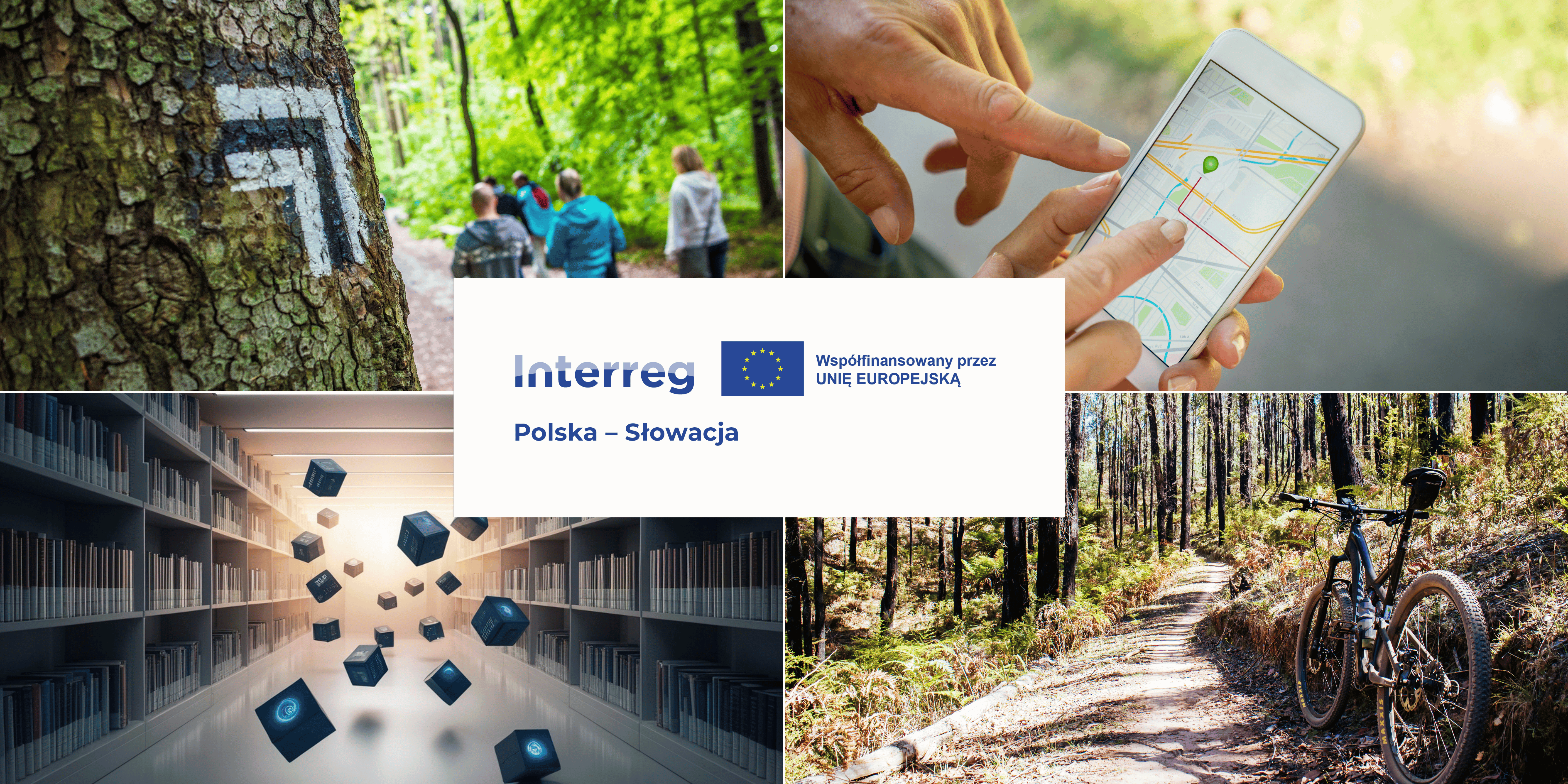 Ilustracja przedstawiająca od lewej ludzi na szlaku turystycznym, cyfrową bibliotekę, aplikację na telefonie, rower w lesie. Po środku ilustracji jest logotyp programu Interreg Polska - Słowacja.