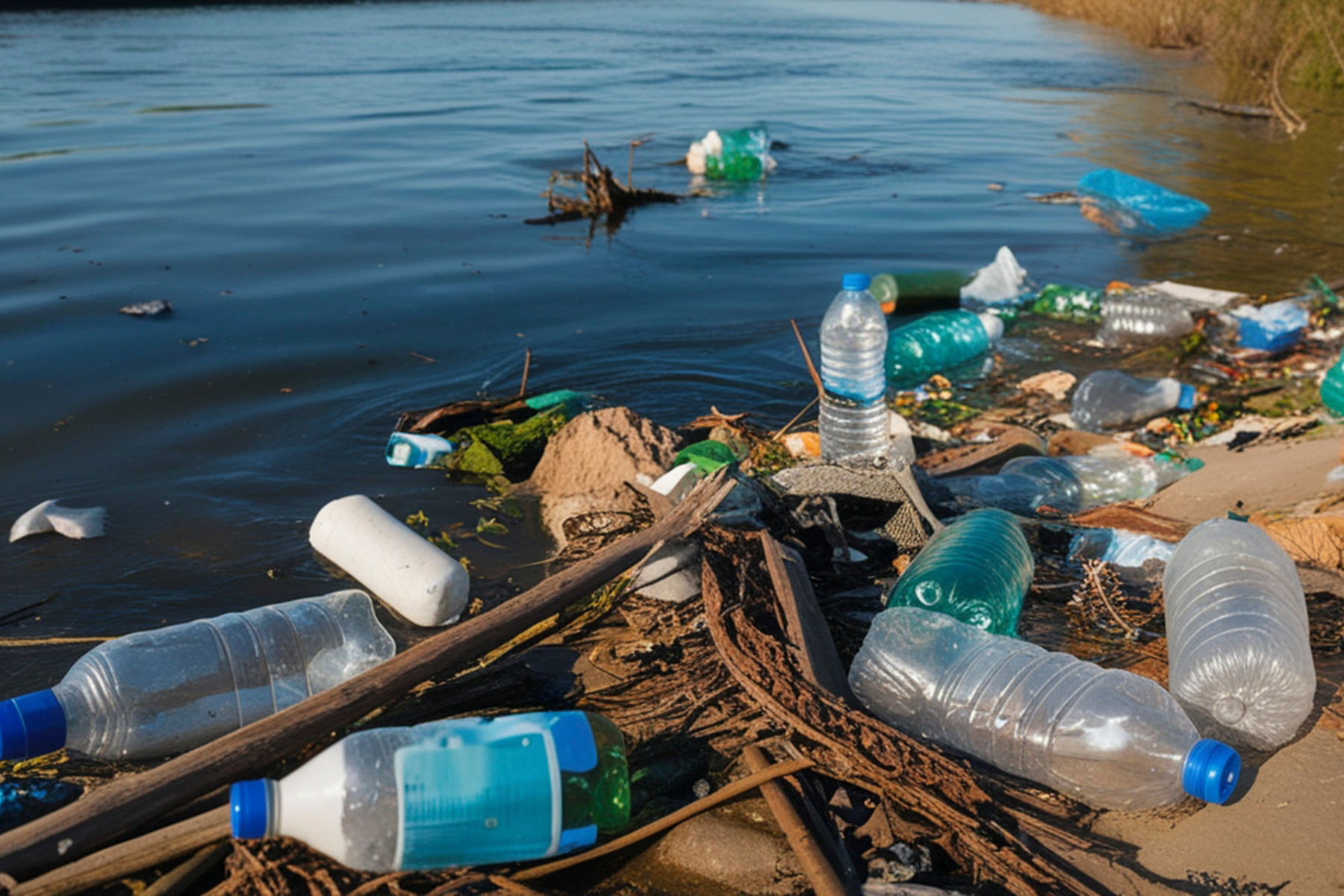 Zdjęcie plastikowych śmieci na brzegu jeziora