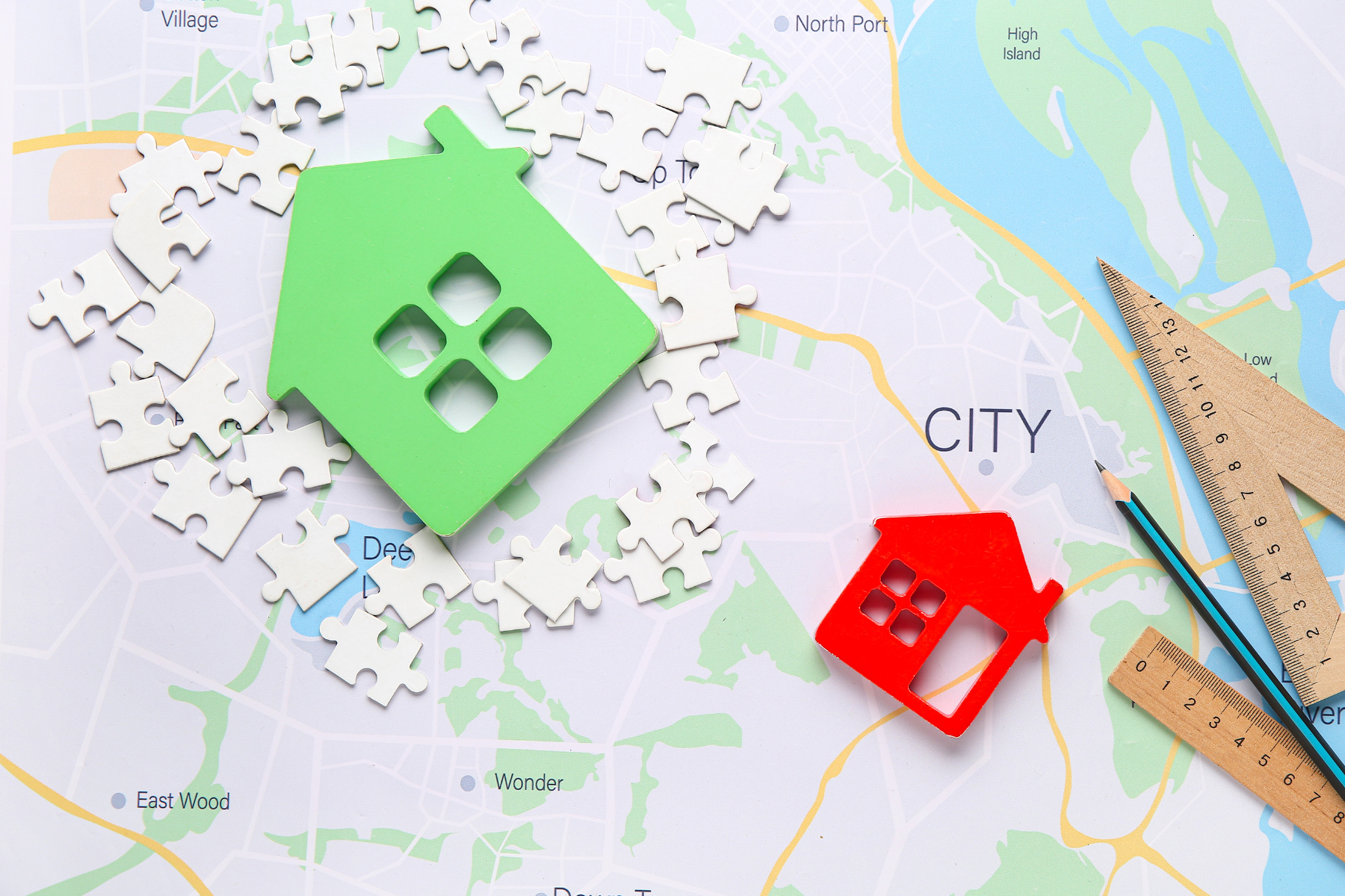 Zdjęcie mapy miasta i przedmiotów kreślarskich, które na niej leżą