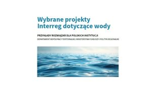 Zdjęcie 1 strony broszury,tytuł:Wybrane projekty Interreg dotyczące wody + zdjęcie fal morskich